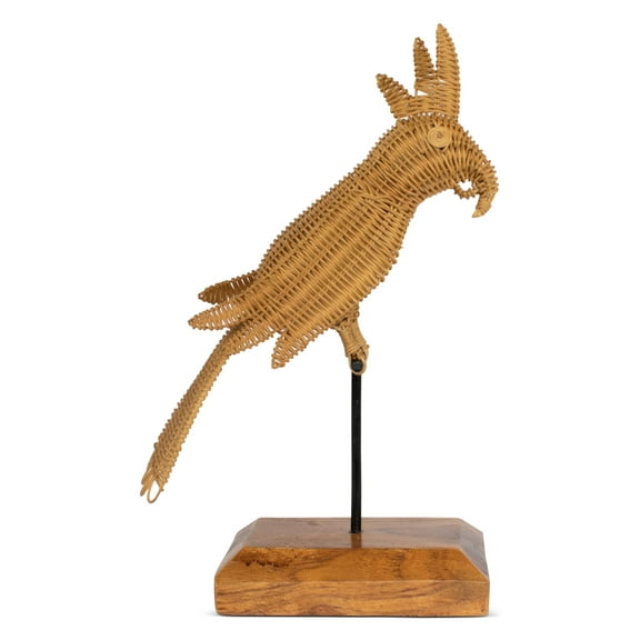 Rattan Cockatoo Parrot Sculpture – Hand Woven Tropical Decor, Boho Bird Accent on Wood Stand