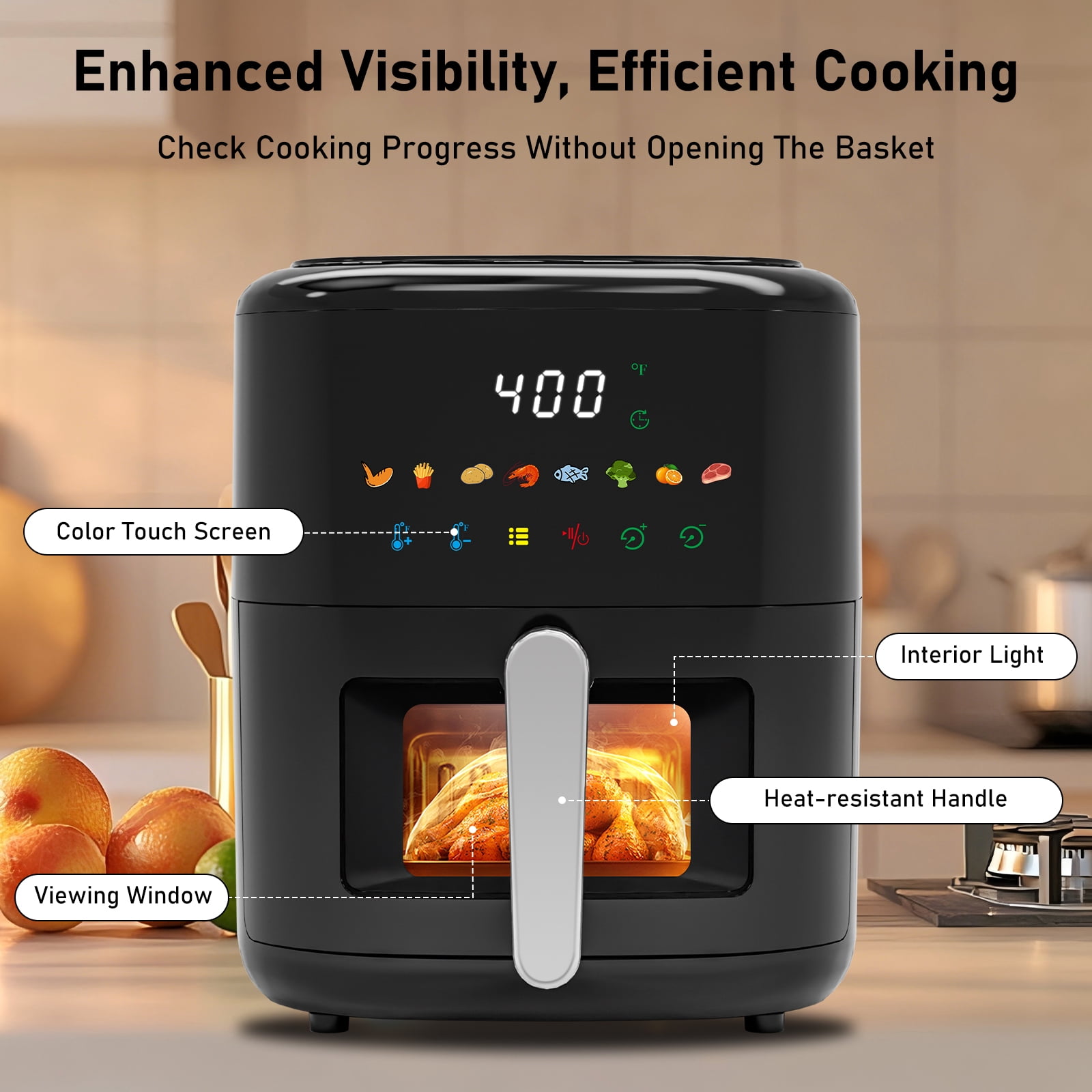 Vaparinckl 5QT Air Fryer, 8-in-1 Electric Hot Oven with Digital Touch Control, Visible Window, Nonstick & Dishwasher Safe Basket, Black