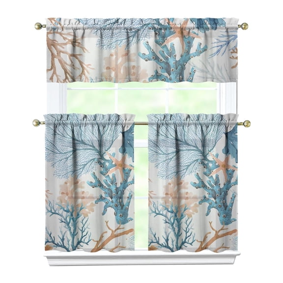 Beach Themed Kitchen Curtains 3-Piece Set with Valance, Seahorse & Coral Print, Semi-Sheer Nautical Window Panels for Farmhouse or Cottage
