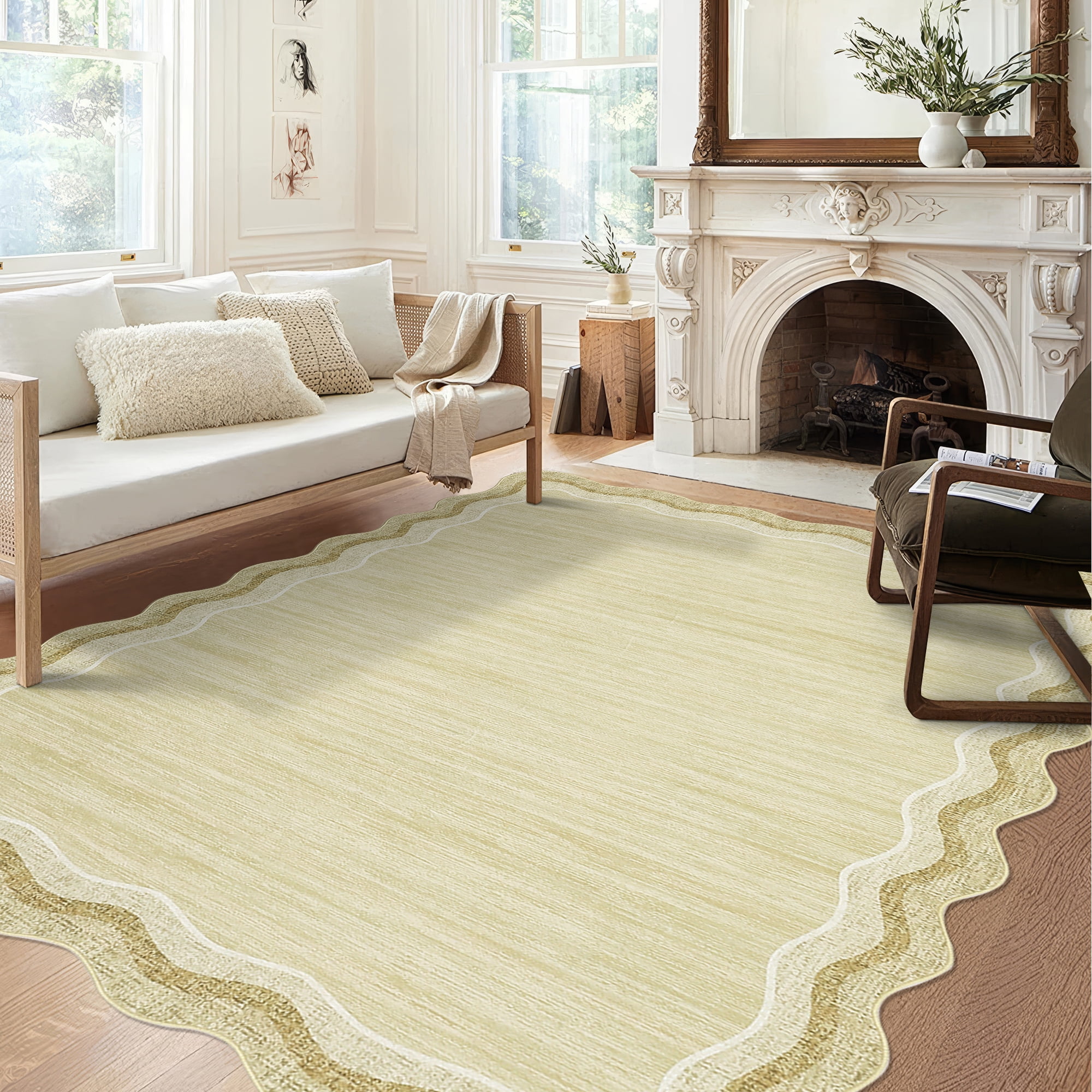 Large Scalloped Living Room Rug 10x13 Washable Modern Accent Carpet, Contemporary Low Pile Area Rugs with Non-Slip Backing, Stain-Resistant Foldable Floor Mat for Bedroom, Office, Beige
