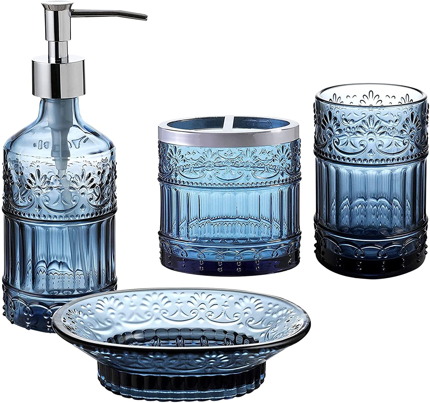 Details about   Bathroom Accessory Set Glass Soap Dish Tumbler Storage Jars Dispenser Ombre 