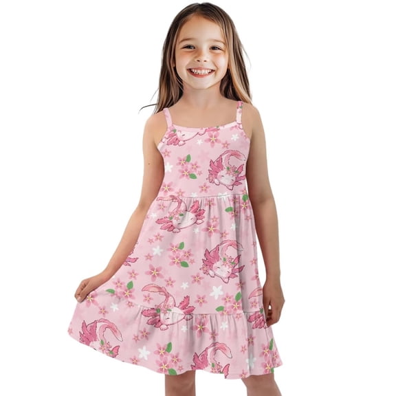 Uourmeti Girls Sundress Pink Axolotl Print Summer Dresses Soft Spaghetti Strap A Line Midi Swing Dress for Kids Toddler Cute Outfit Axolotl Playwear,7-8t