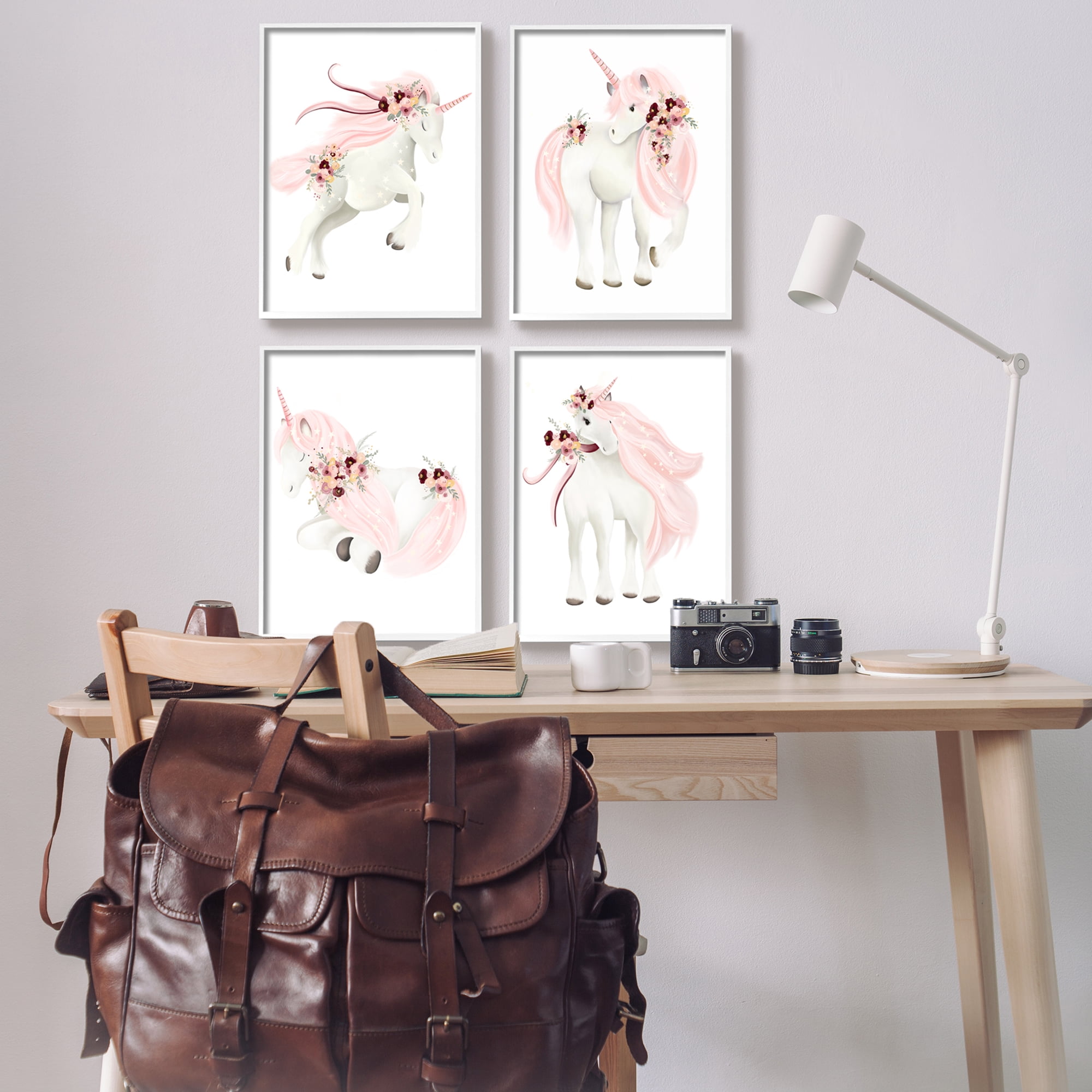 Stupell Industries Pastel Pink Unicorns Fairy Tales & Fantasy Painting White Framed Art Print Wall Art, 16 x 20
