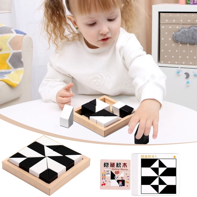 Qocolhg Block Puzzle, Wooden Cube Puzzle with Storage Tray Hidden Geometric Shape Pattern Jigsaw 3D Logic Thinking Training Desktop Game Montessori Toys for Ages 3 to 12 Years Birthday Gifts