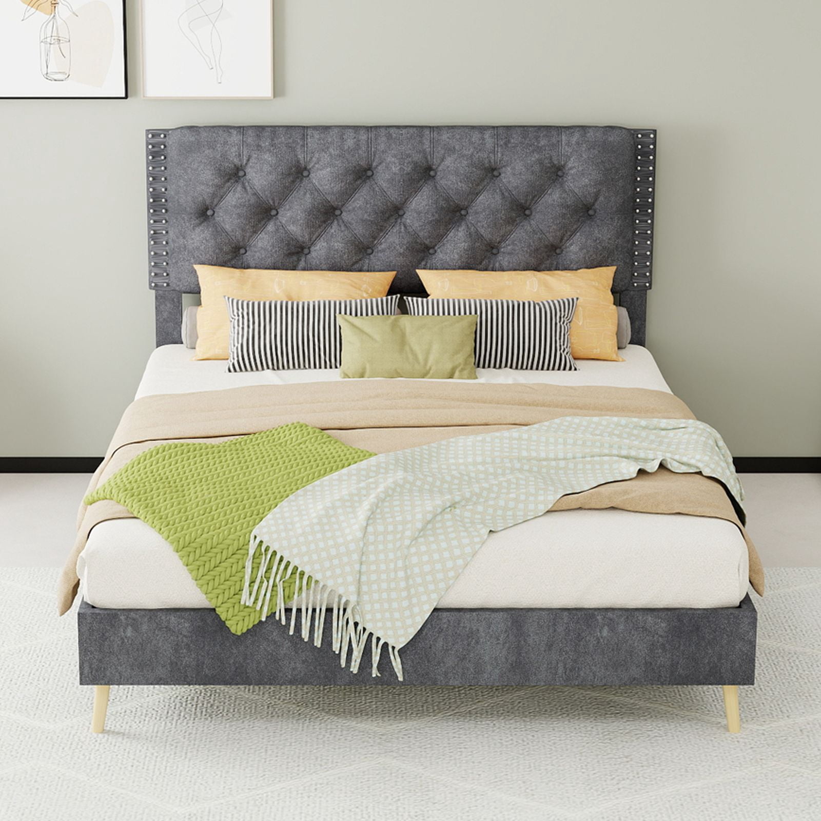 Alvantor Full Size Upholstered Bed Frame with Padded Headboard, Holland Velvet Tufted Gray