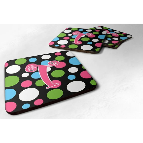 Letter T Initial Monogram - Polkadots and Pink Foam Coaster Set of 4