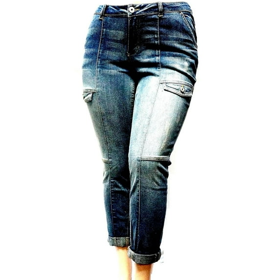 VANILLA STAR Women's Plus Size Medium-Wash Stretch double roll Cargo Denim Jeans