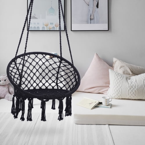 Patio Watcher Hammock Chair Hanging Macrame Swing with Cushion and Hardware Kits Max 330 Lbs Handmade Knitted Mesh Rope Swing Chair for Indoor