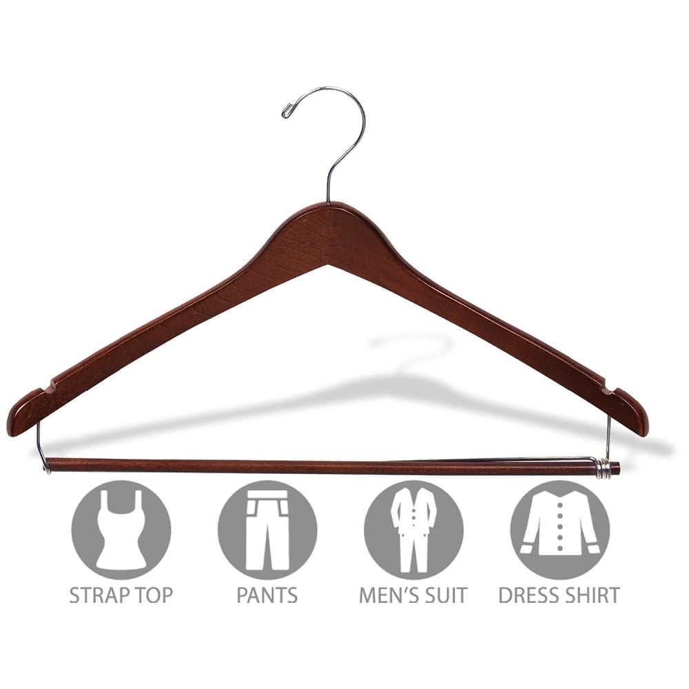 International Hanger Wooden Curved Suit Hanger w/Locking Bar, Walnut Finish with Chrome Hardware, Box of 100