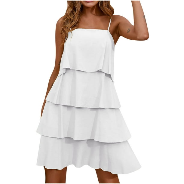 Sólido verano casual bohemio sin tirantes vestido sin mangas con volantes en capas elegante playa falda mujeres Pompotops qwe14252