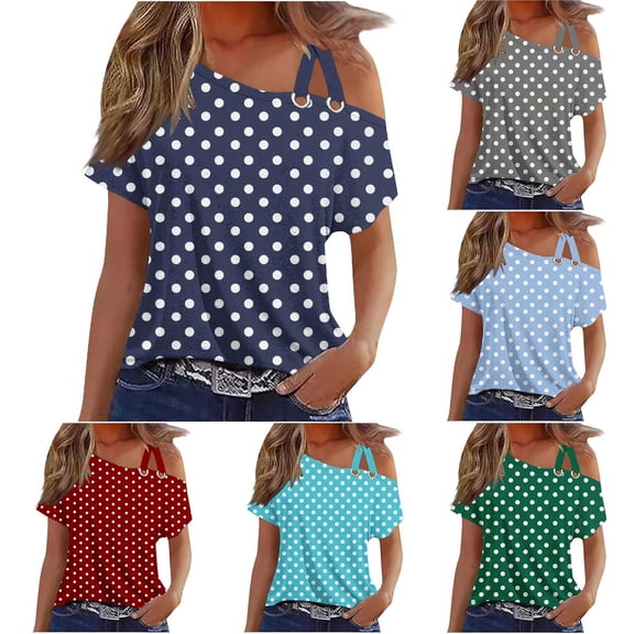 TAGOLD Summer Casual Tops,Plus Size T-shirt Blouse for Womens, Women's Fashion Printed Double Suspender Short Sleeved Loose,Short Sleeve Skew Collar Blouses & Shirts
