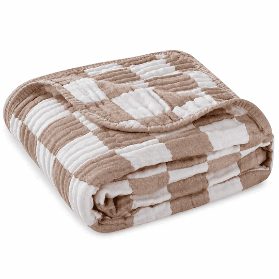 Muslin Baby Blanket, 43 in 6-Layer Organic Cotton and Bamboo Viscose Swaddle Blanket, Coffee Checkered, 1 Count