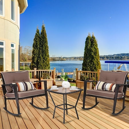 Rockers Patio Furniture - Costway 3 PCS Patio Rattan Wicker Furniture Set Rocking Chair Coffee Table with Cushions