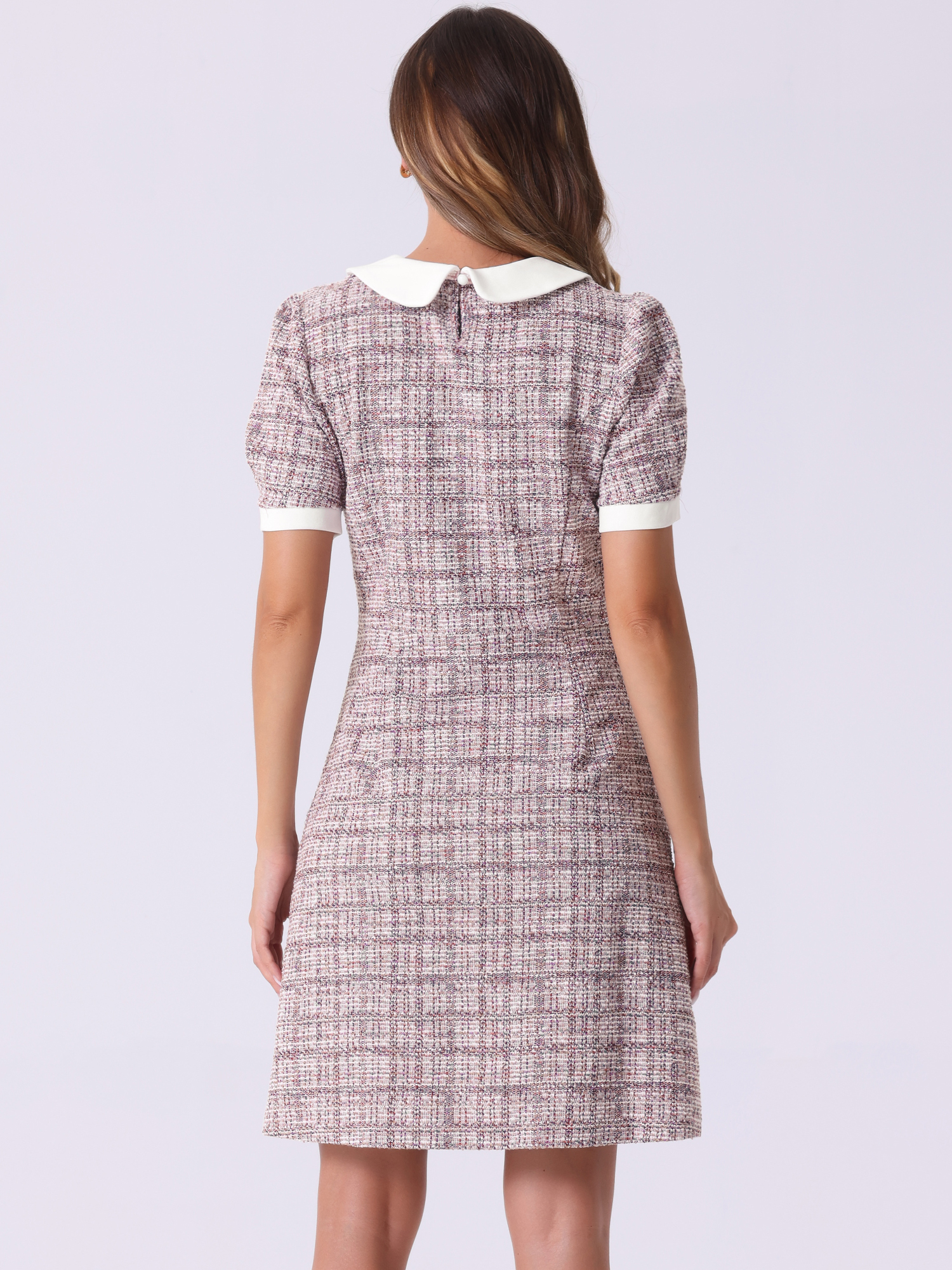 DARING DIVA Peter Pan Collar Plaid Puff Mini Tweed Dress L Pink