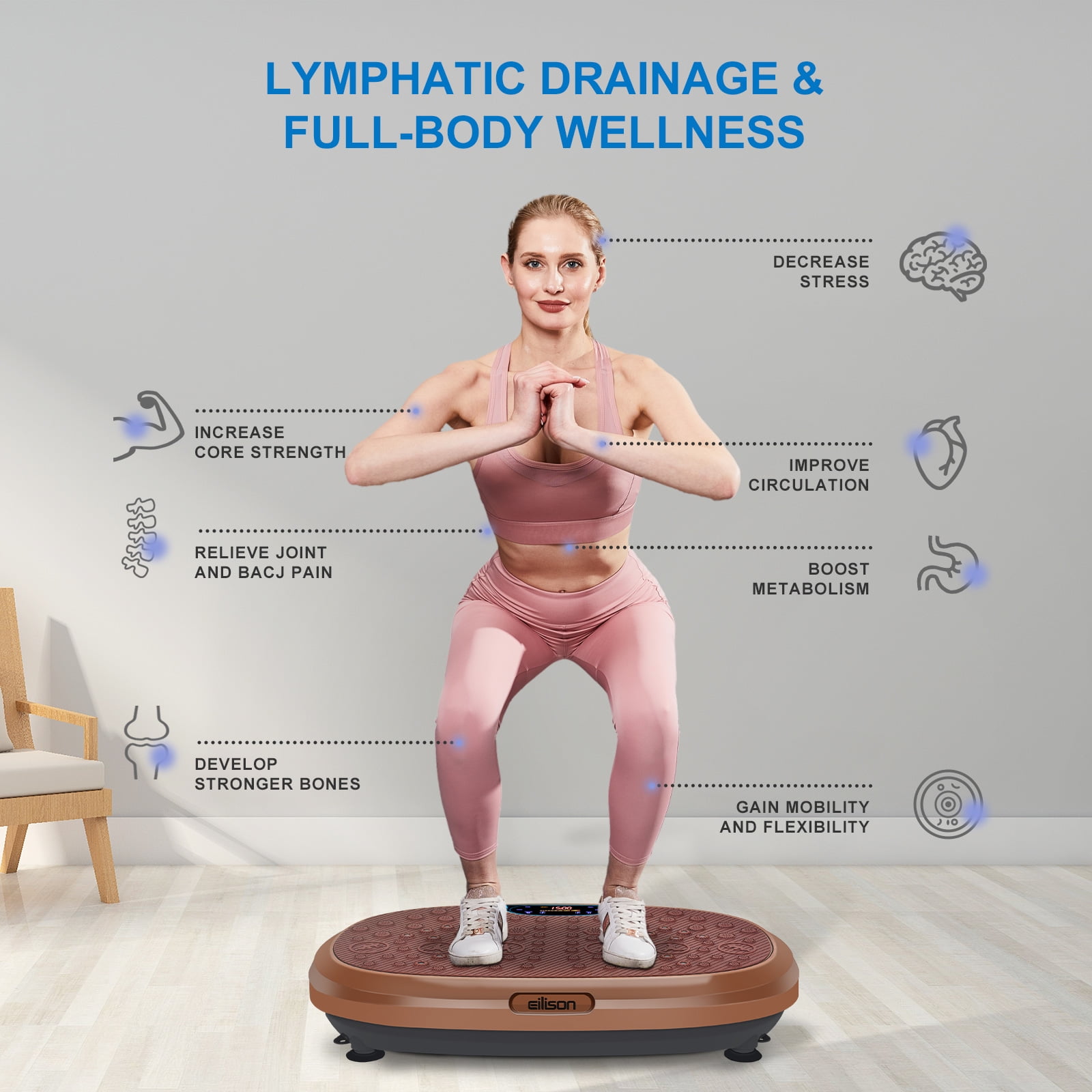 EILISON FitMax 3D XL Vibration Plate Exercise Machine - Whole Body Workout Vibration Fitness Platform w/Loop Bands - Home Workout for Lymphatic Drainage Machine for Weight Loss, Wellness (Brown)