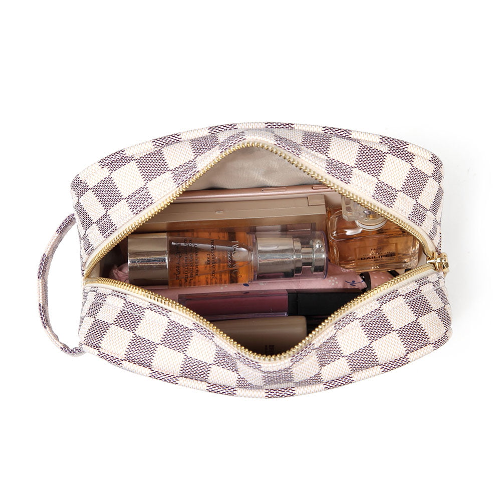 Lumento Brown Checkered Makeup Bag,Travel Storage Cosmetic Bag,PU Vegan  Leather Make Up Pouch,Portable Toiletry Organizer 