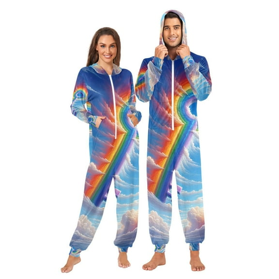 Rainbow Key Adult Onesie Pajamas Slim Fit Christmas One Piece Suit Pjs for Women and Men Hooded Zipper