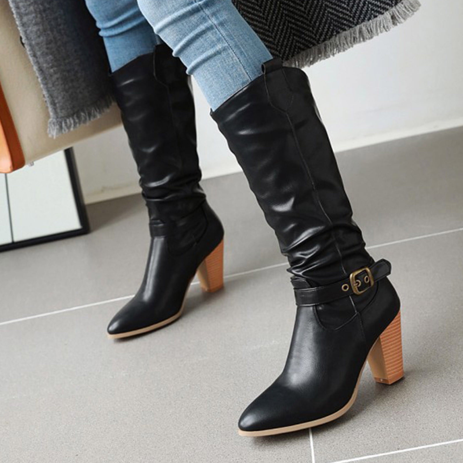 Women's Pull On Knight Boots Suede Mid-Calf Belt-Buckle Slouch Shoes plus size