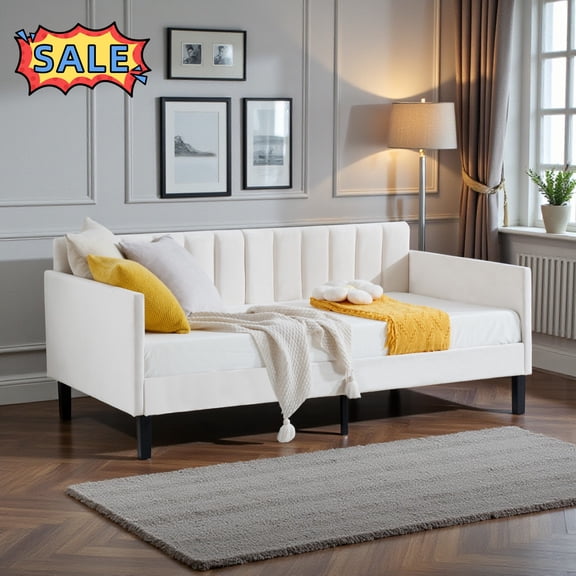 Tcbosik Twin Size Upholstered Daybed, Velvet Fabric Sofa Bed, Wood Slats Support, Space Saving, Ivory