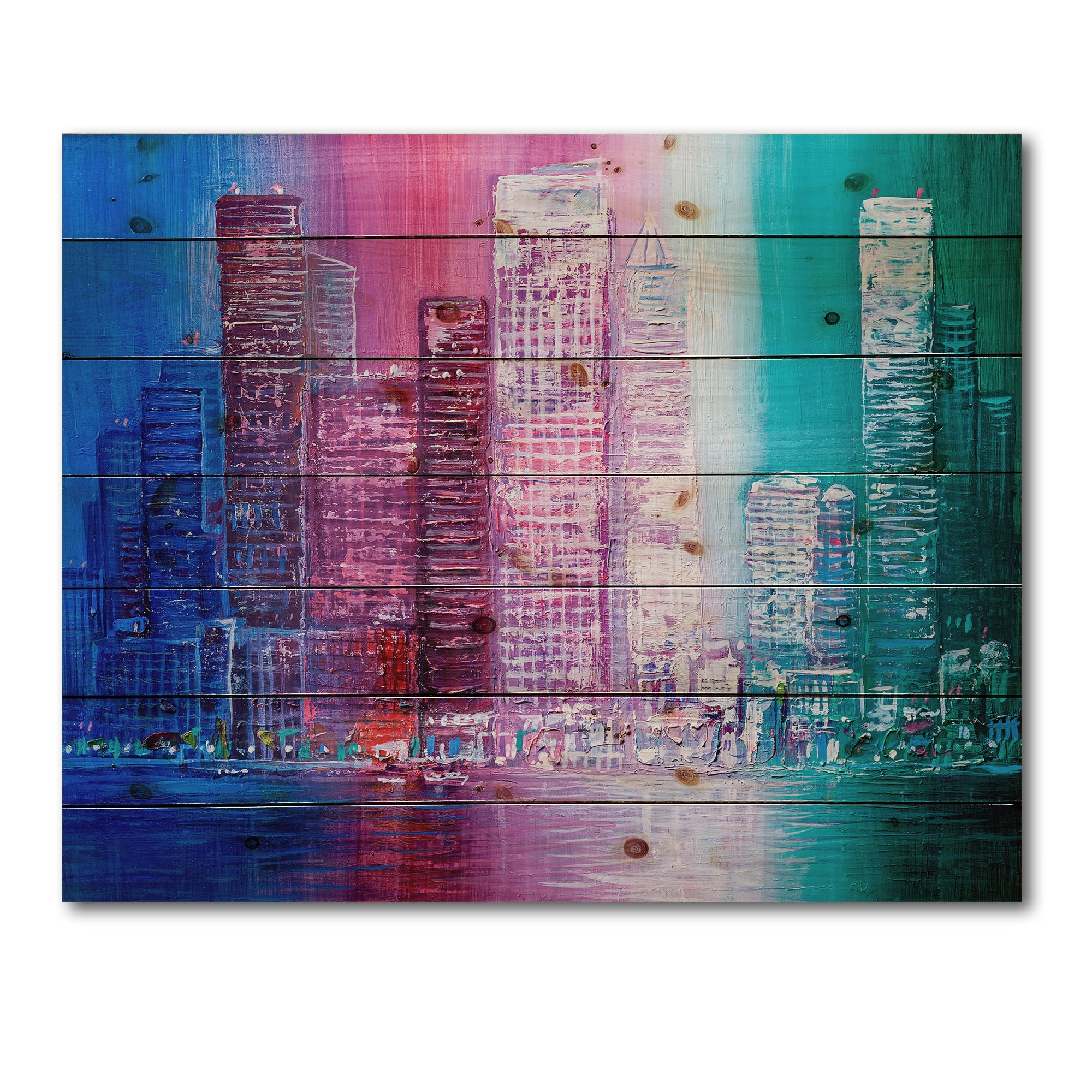 Designart 'Abstract Style Cityscape Panorama Skyscrapers II' Modern Print on Natural Pine Wood