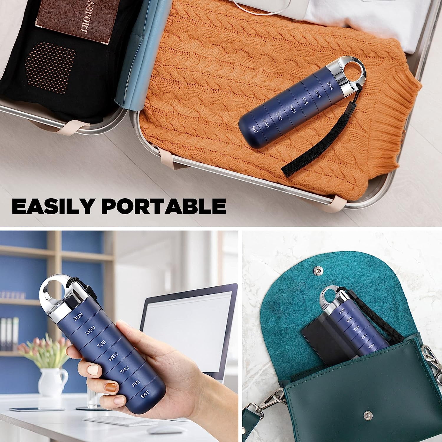 Metal Travel Pill Organizer, Portable Waterproof Weekly Pill Box, Large Aluminum Alloy Pill Case Container, BPA Free 7 Day Daily Medicine Organizer Holder for Vitamin, Fish Oil, Supplement