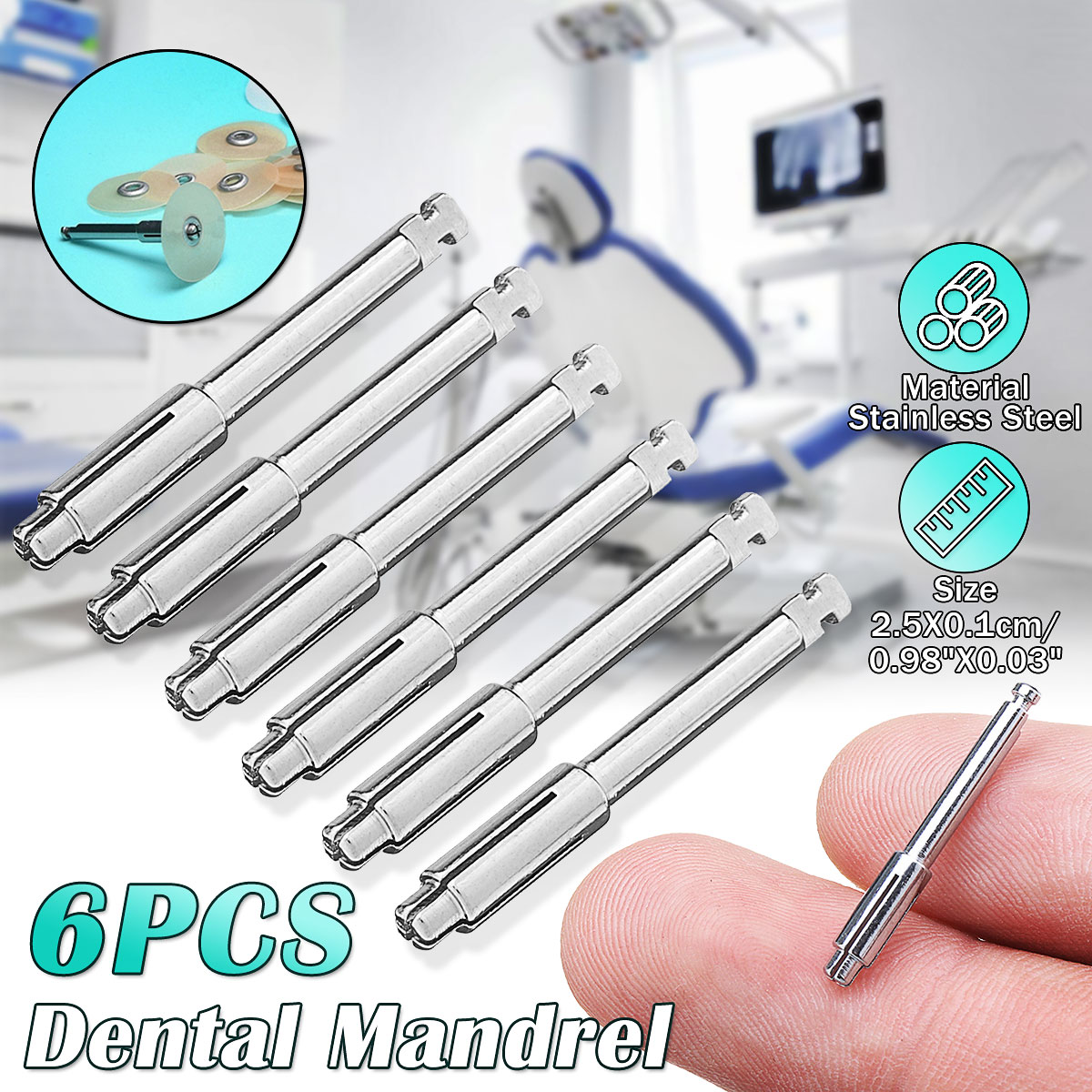 6 Pcs Stainless Steel Dental Mandrel ,Lowprofile Mandrel Design
