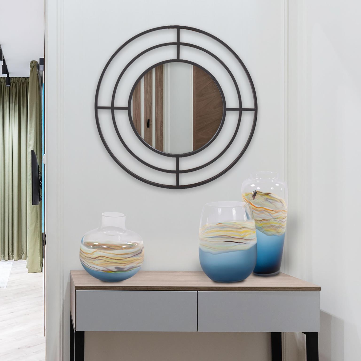 Tyler Dillon Round Matte Black Wall Mirror with Geometric Iron Frame