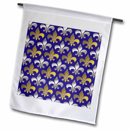 3dRose, Gold and silver colored fleur de lis pattern royal purple background, 18 x 27 inch Garden Flag