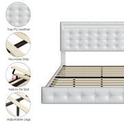Homfa King Floating Bed with Lights, LED Platform Bed Frame with Under Bed Storage, PU Leather Adjustable Tufted Upholstered Bed, White