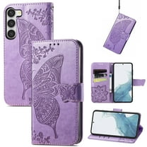 Feishell Wallet Case for Samsung Galaxy S23 6.1 inch,Butterfly & Flower Embossed PU Leather TPU Inner Shell Magnetic Flip Stand Card Slots Shockproof Protective Phone Cover,Lightpurple