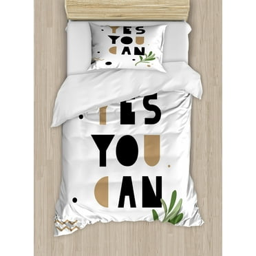 Yes You Can Duvet Cover Set Twin Size, Calligraphic Image of Encouraging Phrase and Branch, Decorative 2 Piece Bedding Set with 1 Pillow Sham, Charcoal Grey Camel Reseda Green White, by Ambesonne