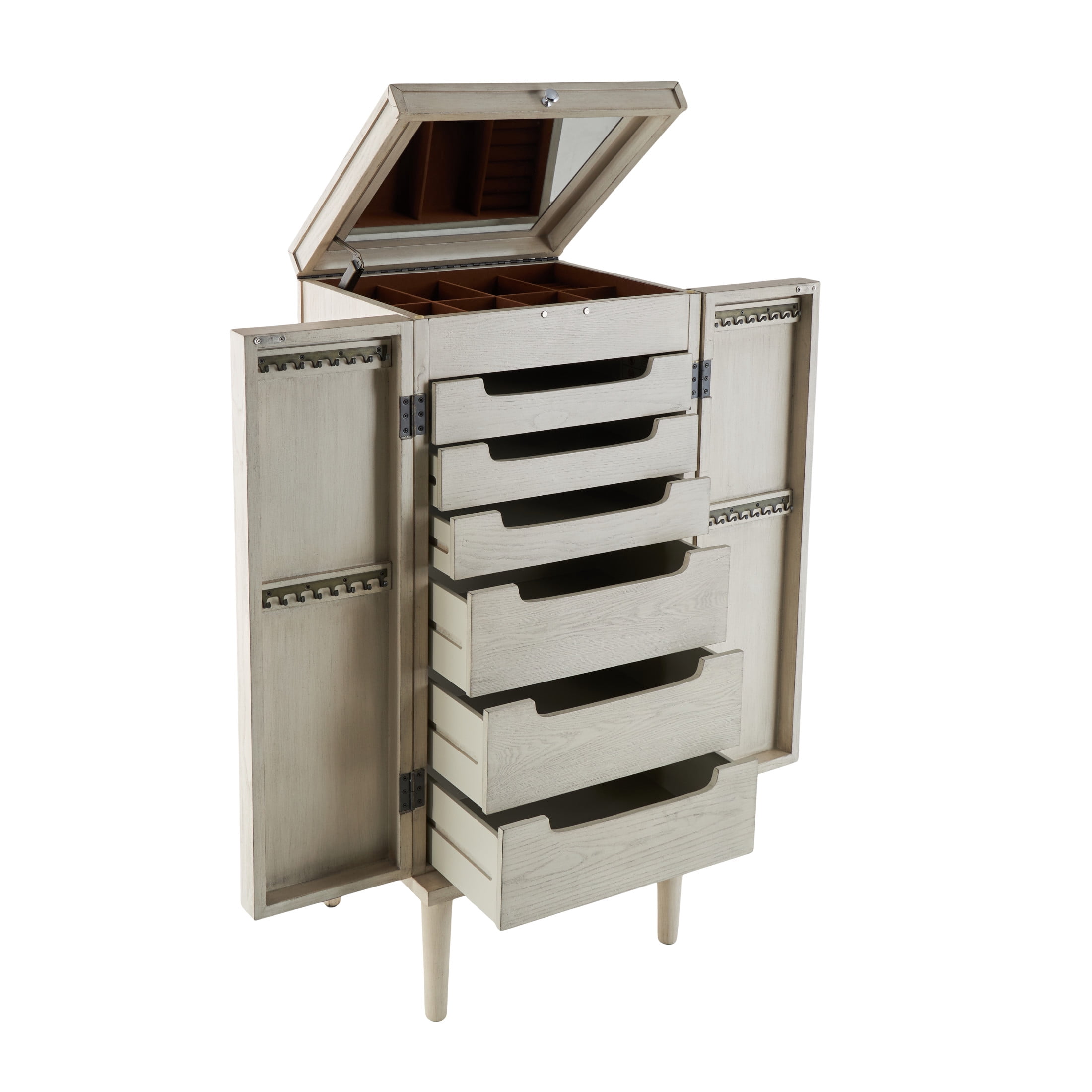 DecMode 20" x 47" Light Gray Wooden Oval Rattan Jewelry 2 Door, 6 Drawer, and 32 Hook Geometric Cabinet with Mirrored Lift Top, 1-Piece