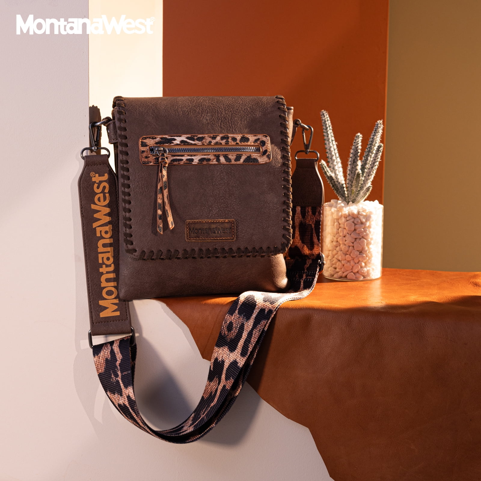 Montana West Crossbody Bags for Women with Dual Compartments Western Crossbody Purse with Leopard Print Guitar Strap, Coffee