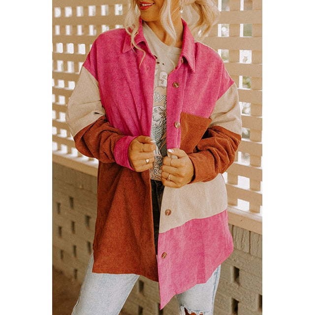 Je Suis une Mode JUNKY Rose Rouge Colorblock Ourlet Incurvé en Velours Côtelé avec Poche (RoseRed, S, 95 % Polyester + 5 % Élasthanne)