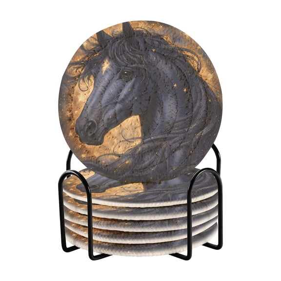 Haosy Set of 6 Drink Woven Coaster with Holder Heat Resistant Non-Slip Bar Coasters 4 Inches Black Horse with Stars