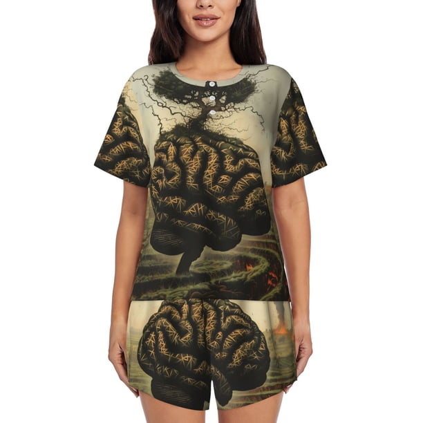 Fotbe Surreal Brain Tree Conjunto de Pijama Estampado para Mujer, 2 Piezas, Ropa de Dormir con Camiseta de Manga Corta y Shorts Suaves-X-Large