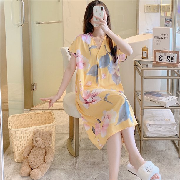 Camisón de seda de algodón para mujer, pijama de verano de manga corta con estampado de dibujos animados, estilo de talla grande, suelto, de seda de algodón, ropa de casa fina