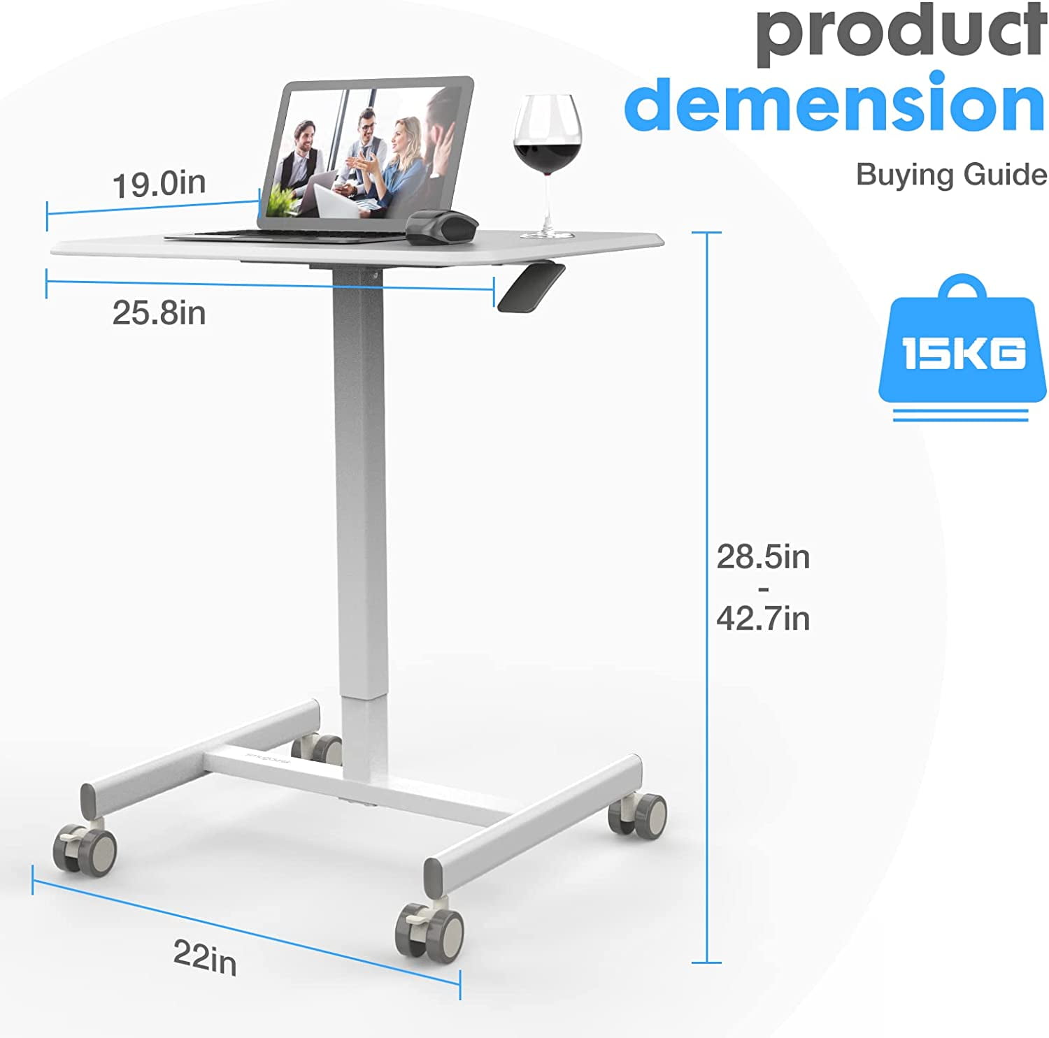 Small Standing Desk, Mobile Stand up Desks with Lockable Wheels, Adjustable Height, 26 Inch Portable Rolling Laptop Computer Desks for Home, White