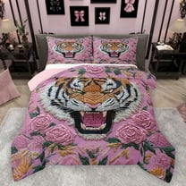 Manfei Cartoon Tiger Print Queen Comforter Set, Chinese Embroidery Artwork Bedding Sets, Pink Old Fashion Reversible Bedding Comforter Set, Breathable Home Decor, 3-Piece