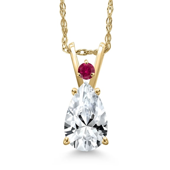 Gem Stone King 14K Yellow Gold White Created Sapphire and Red Created Ruby Pendant Necklace for Women | 1.60 Cttw | Gemstone September Birthstone | Pear Shape 9X6MM | With 18 inch Chain