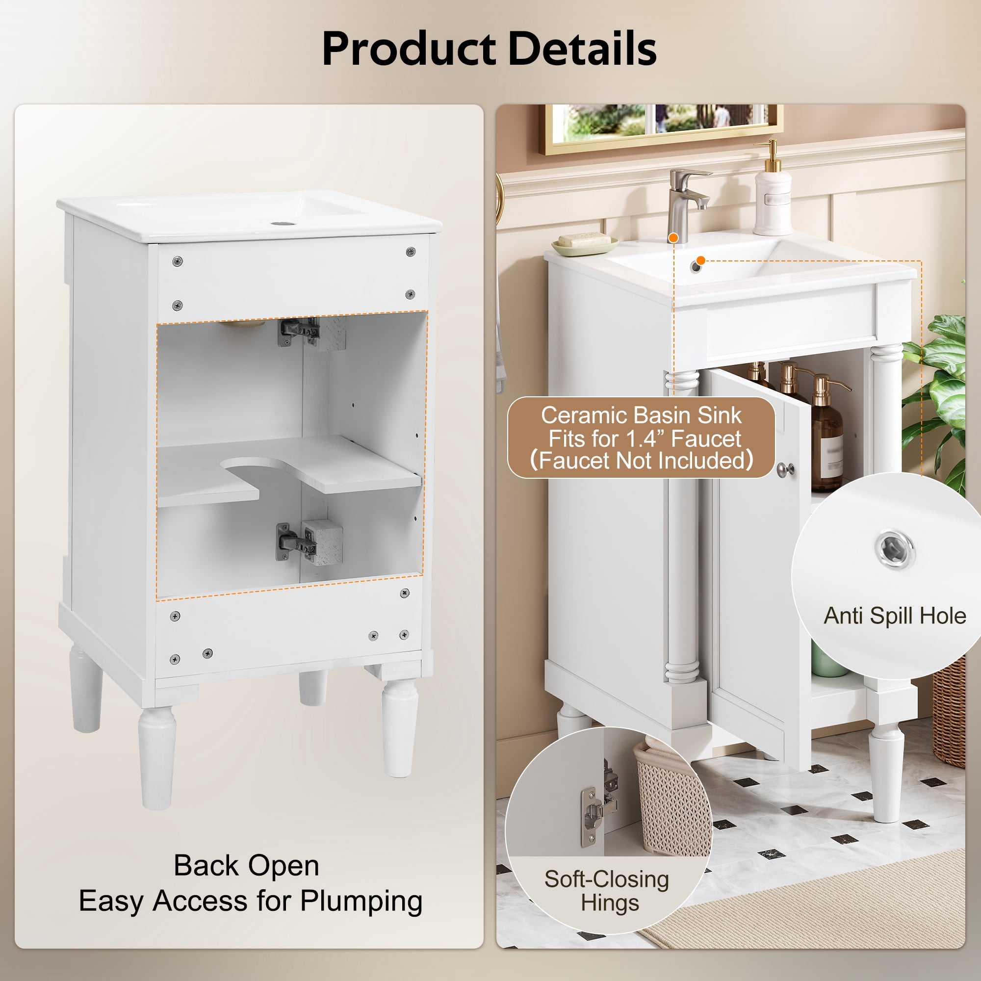 Euroco 18" French Style Bathroom Cabinet with Storage, Small Space Solution with Ceramic Sink, Adjustable Shelf, Soft-Closing Hinges
