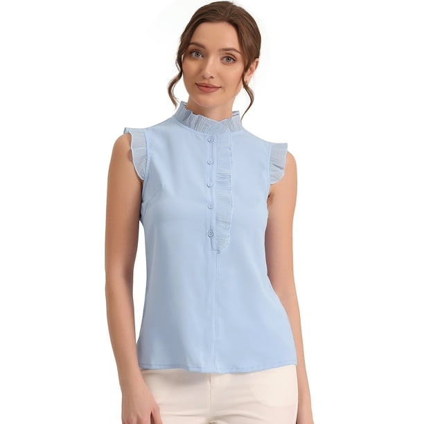 Camisa sin mangas para mujer Blusa de verano con volantes de color solido con botones Azul Claro S Allegra K Blusa
