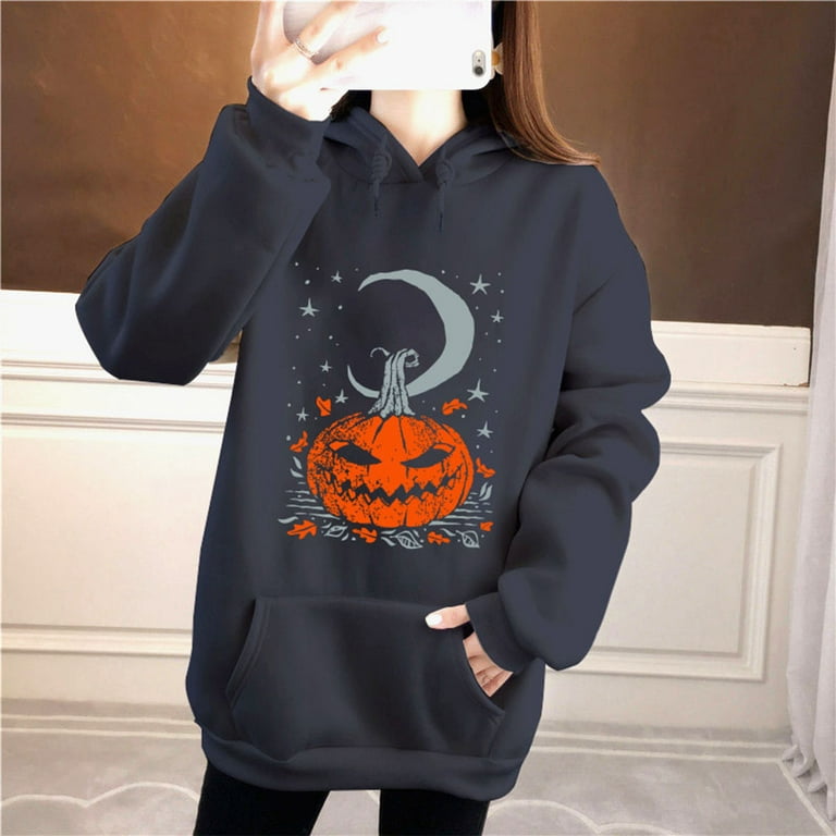 Women's Halloween Pullover Hoodie Casual Drawstring Long Sleeve Pumpkin  Moon Print Tunic Basic Tee T Shirts Sweatshirts Top with Kangaroo Pocket