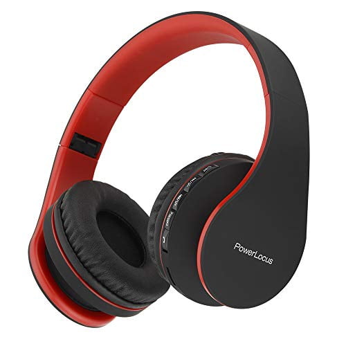 PowerLocus Auriculares Inalámbricos Bluetooth Estéreo Plegables, Auriculares con Cable Recargables con Micrófono Incorporado para iPhone, Samsung, LG, iPad (Negro/Rojo)