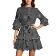 thumbnail image 2 of ClodeEU Women's Polka Dot Print Round Neck 3/4 Bubble Sleeve Waist Tie Ruffle Mini Dress,Elegant Casual Date Party Swing Dress Black,Women's Plus L, 2 of 5