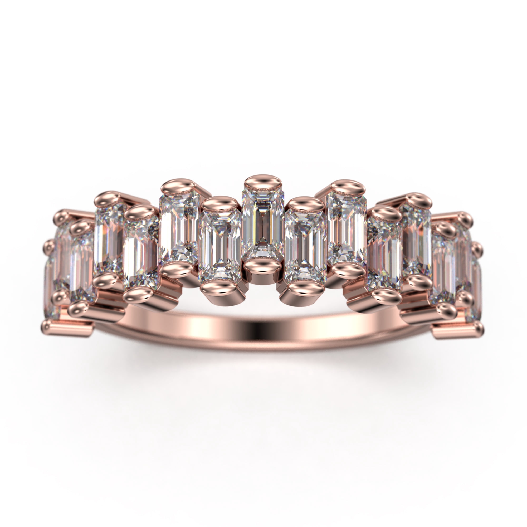 Alternating Wave of Baguette Diamond Moissanite Wedding Ring 18K Rose Gold Over Silver