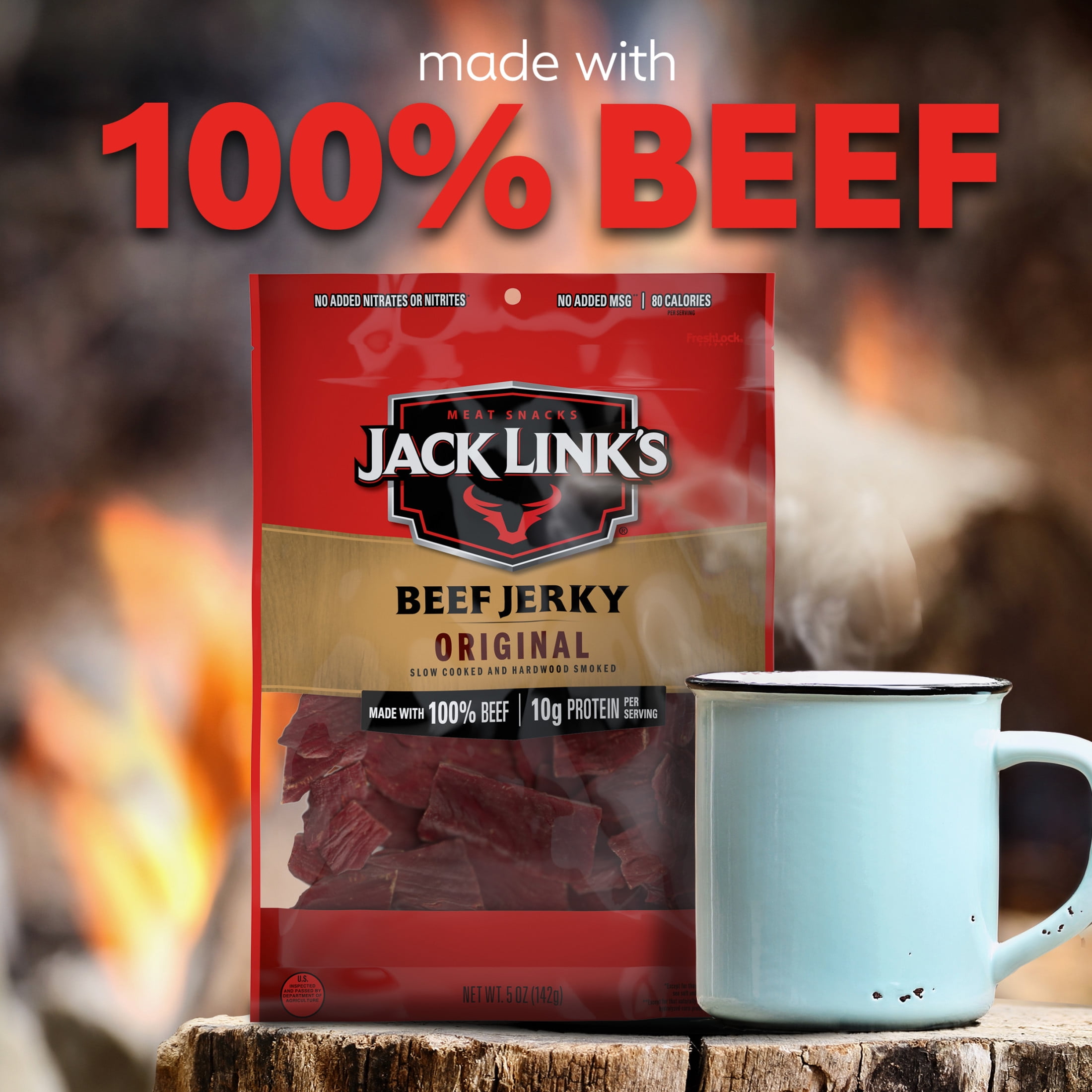 (8 pack) Jack Link’s Beef Jerky, Original, Made with 100% Beef, 10g of Protein per Serving, 5 oz, Resealable Bag