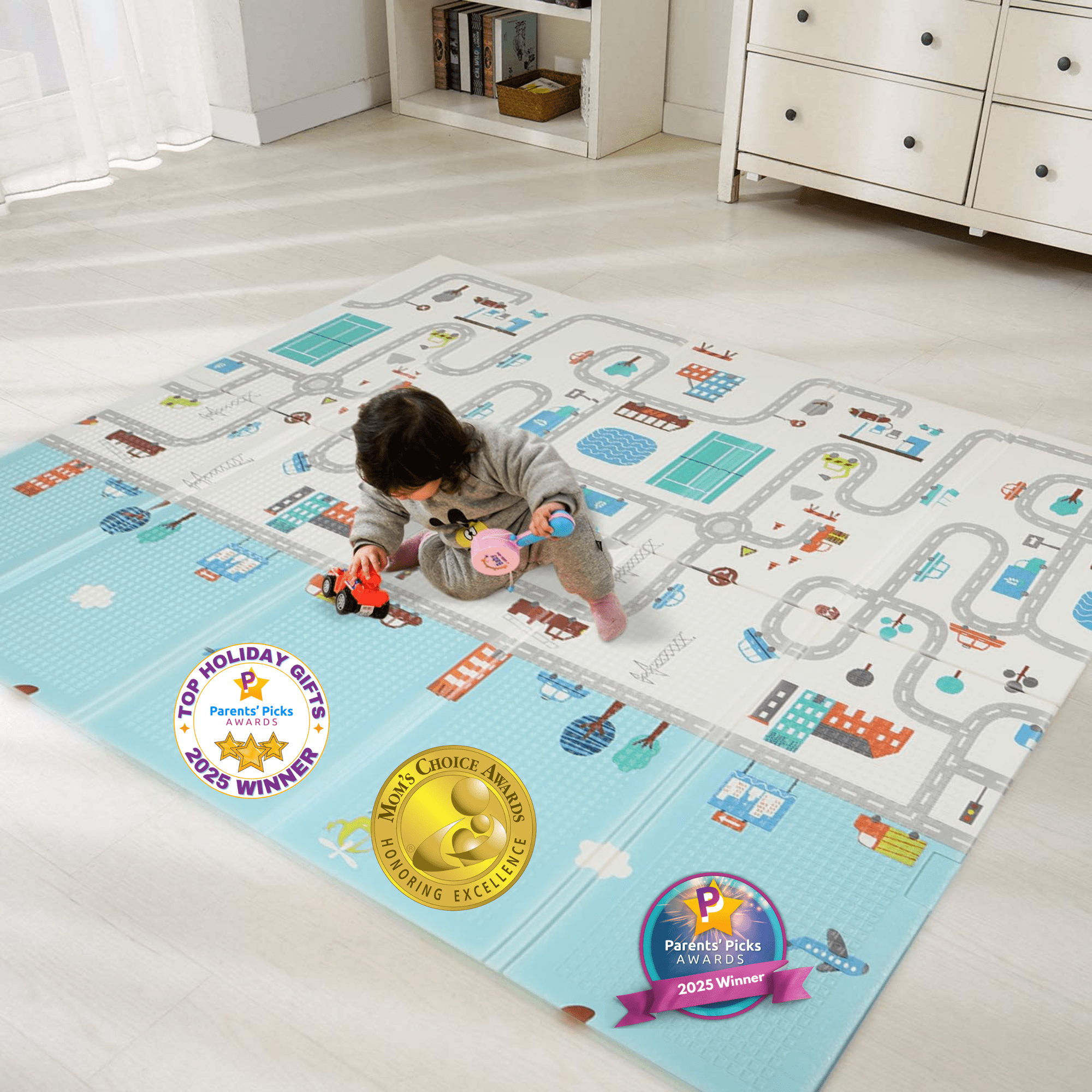 Bammax Extra Large 78" x 70" x 0.4" XPE Foam Baby Play Mat with Travel Bag | Waterproof, Foldable & Reversible Padded Playmat | Baby Crawling & Kids Play Mat – Giftable Design, Cars & Fire Engine