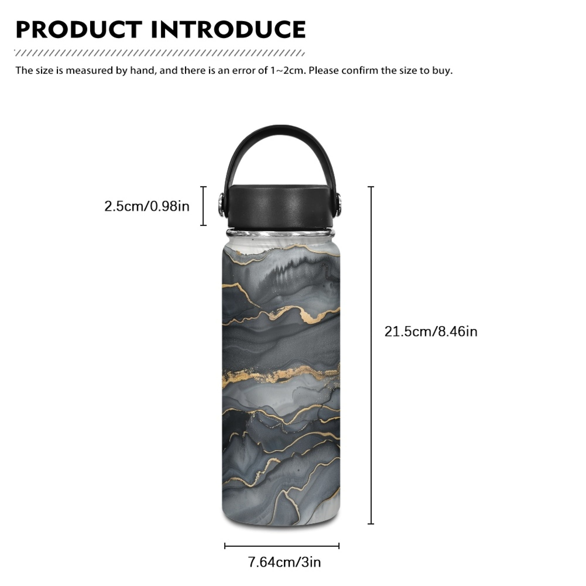 SEANATIVE Black Gold Marble Water Bottle 18 oz Vacuum Insulated Stainless Steel Water Flask Leak Proof Walled Travel Drink Mug Metal Canteen Hot Cold Water Bottles