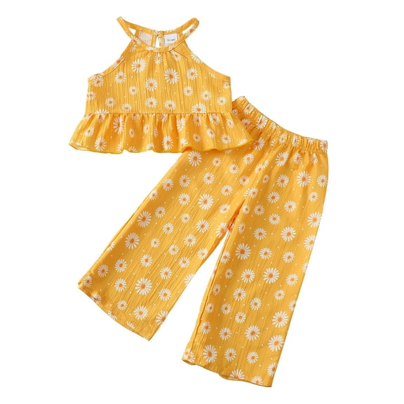 18 Months Baby Girls Clothes 24 Months Girls Pant Set Outfits Set Toddler Girls Sleeveless Halter Solid Color Floral Top Pants 2PCS Set Yellow
